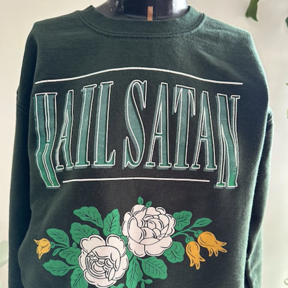 Green Crewneck 'Hail Satan' Sweater